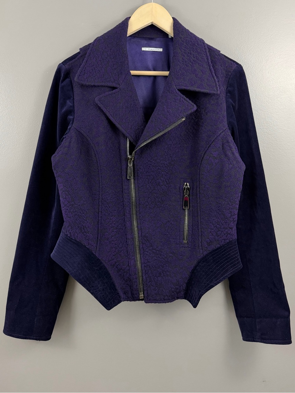 T Tahari Motto Style Wool Blend Velvet Sleeve Jacket Purple Size 12 - Picture 3 of 16